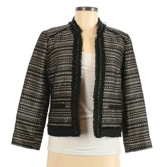 Chicos Jacket Black Gold Metallic Royal Tweed Open Front Chain - Picture 2 of 9